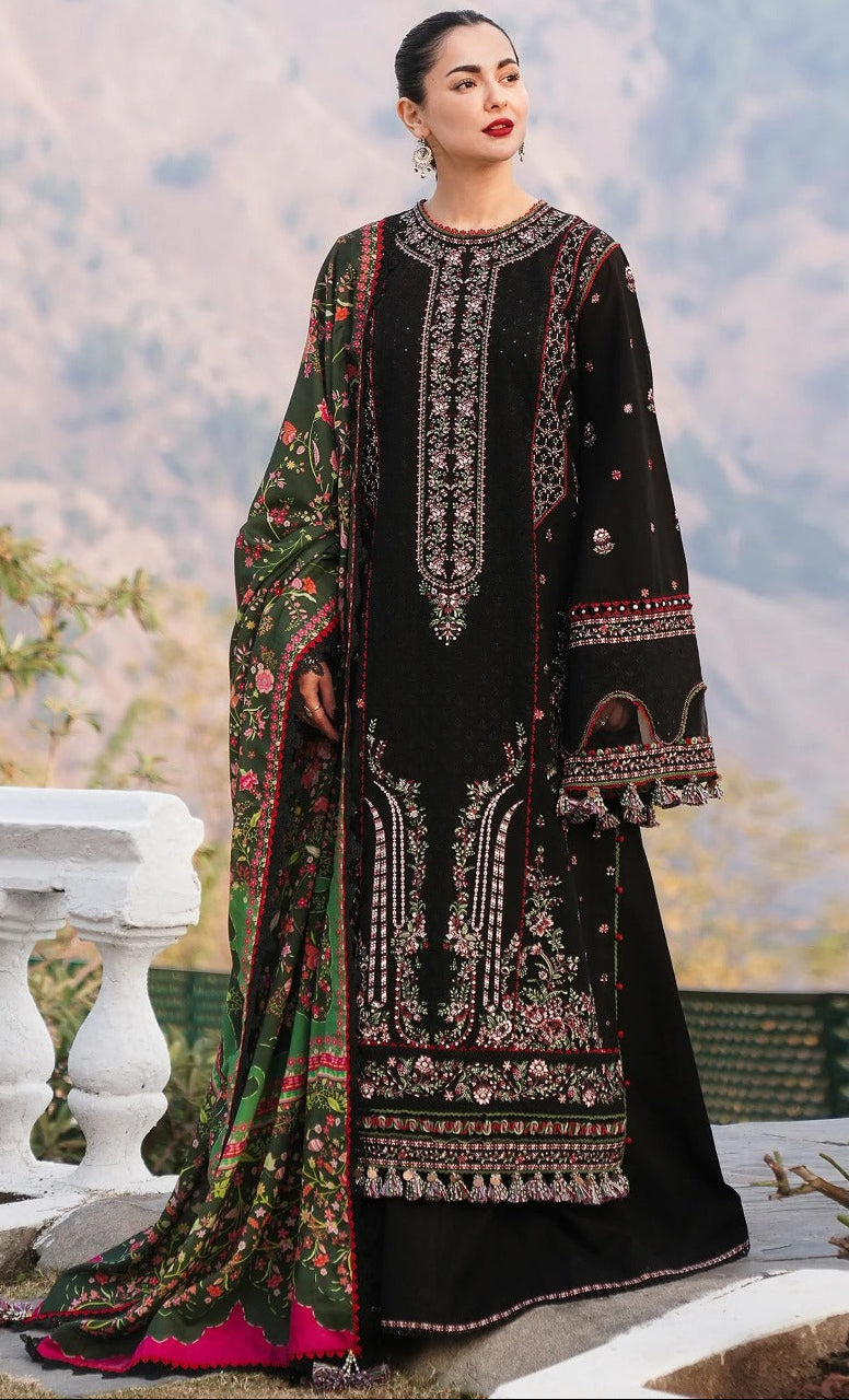 CLOSSY UNSITICH DHANAK EMB 3PC SUIT WITH PRINTED SHAWL