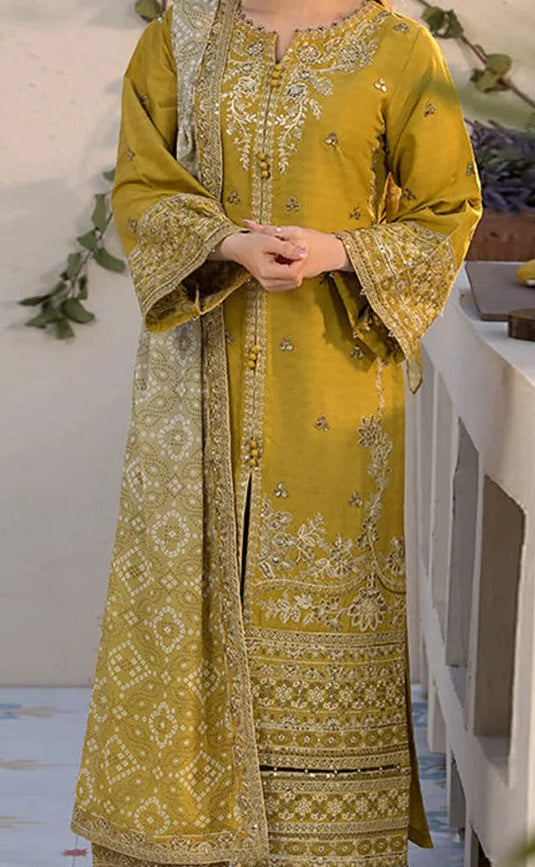 UNSITICH CLOSSY DHANAK EMB 3PC SUIT WITH PRINTED SHAWL