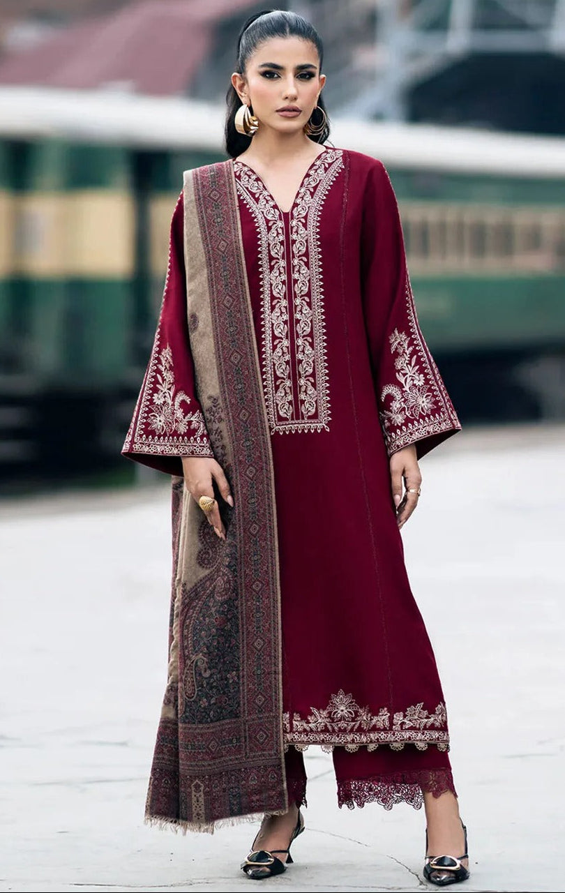 CLOSSY UNSITICH DHANAK EMB 3PC SUIT WITH PRINTED SHAWL