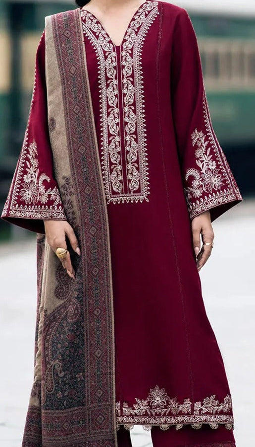 CLOSSY UNSITICH DHANAK EMB 3PC SUIT WITH PRINTED SHAWL